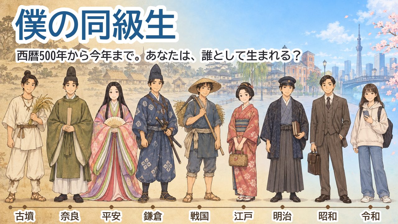 古墳時代から令和まで、9つの時代の若者が年表の上に並ぶイラスト
